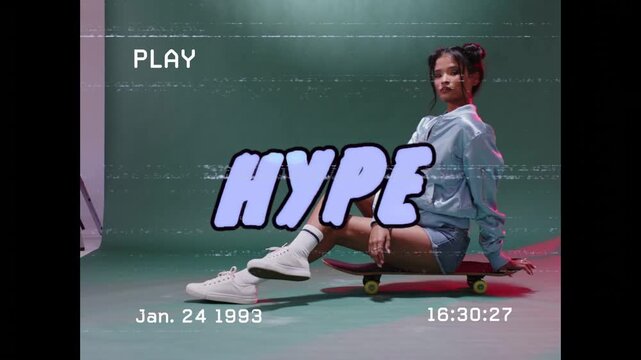 Woman posing on skate in fashion shoot, timecode ticking and causing HYPE graphic sliding for ads