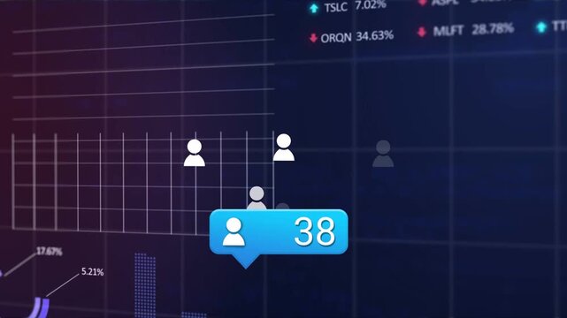 Receiving user events, blue callout bubble updating count on navy dashboard, with icons clustering