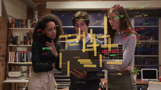 Man holding laptop opening and bringing overlays, team leaning in identifying buy sell signals