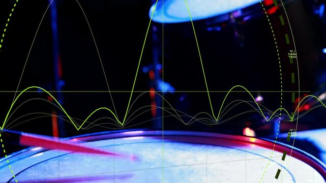 Drum head reacting to red stick strike, HUD waveforms moving right, visualizing rhythmic peaks