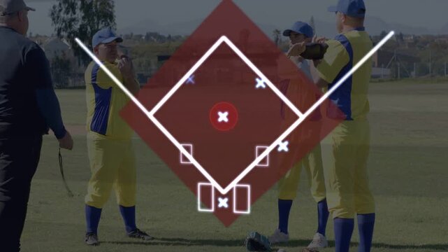 Sports team shifting on home plate, red overlay appearing and drawing hit path, coaching players