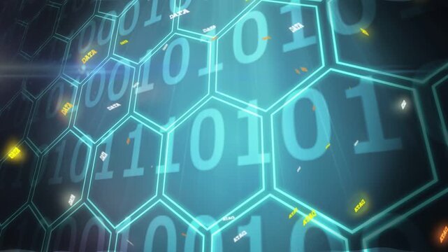 On incoming stream, cyan hex grid tilting up-right, DATA tags and binary drifting, showing flow