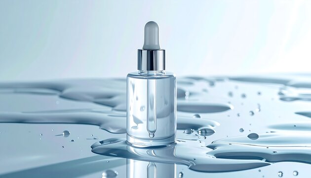 Close-up of a clear glass dropper bottle with transparent serum on a wet light blue reflective surface with water splashes