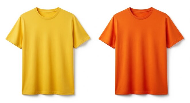Two plain t-shirts one yellow and one orange displayed side by side on a clean white background