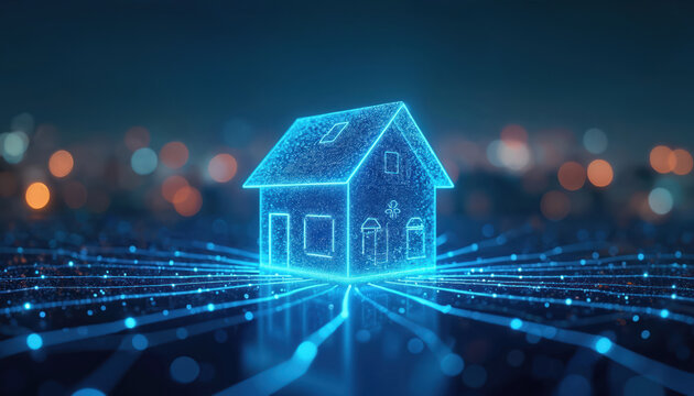 Digital house glows with blue neon lights connected by data streams. Futuristic tech for home finance analysis and smart property management. AI predicts housing market trends. Future living concept.