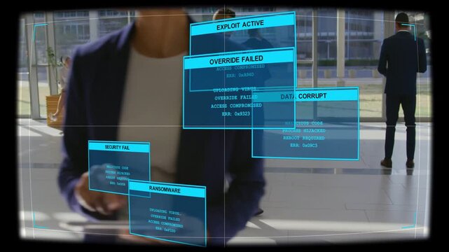 Man walking through lobby, cybersecurity detecting exploit and spawning alerts obscuring subject