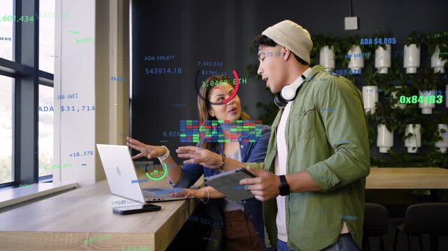 Woman tapping laptop showing, man swiping tablet, animated charts meters guiding business planning