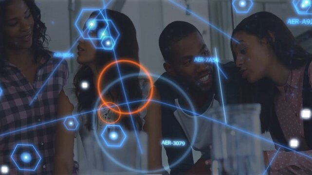 Lab team gathering, man bringing phone, peer showing tablet, HUD animating over glass guiding study