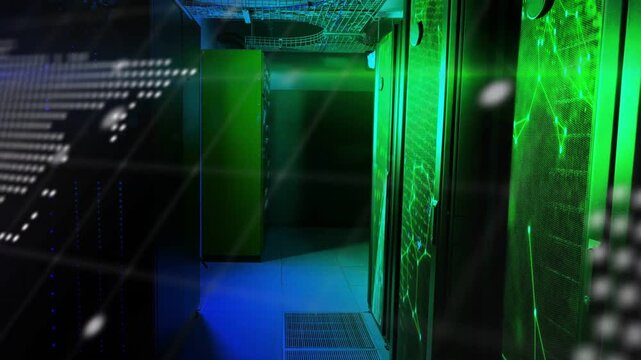 Code text scrolling starting map shift while revealing green glass network rack showing data flow