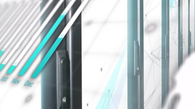 Sliding blurred code driving panel animating in studio showing month bars cyan pie globe analytics