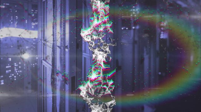 Brightening vertical particle mesh column responding to star flare in studio, with rainbow halos