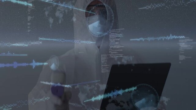 Cam showing man in hooded suit mask goggles in lab presenting scanner holding tablet for screening