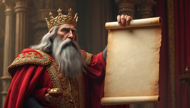 Elderly king with long beard wears crown and royal robe. He holds ancient scroll in hand. King displays edict or decree in opulent castle throne room setting. Majestic authority and power.