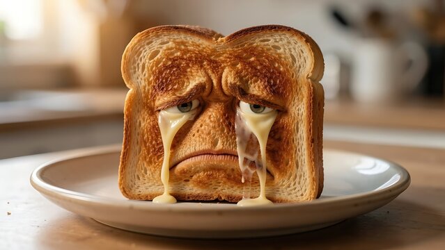 Anthropomorphic sad toast with melted cheese tears on a plate in kitchen