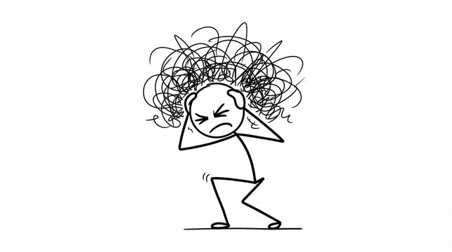 A black and white line drawing of a stick figure character with a very messy and chaotic hairdo