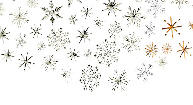 Stunning silver and gold snowflakes on a clean white backdrop, perfect for winter and hol