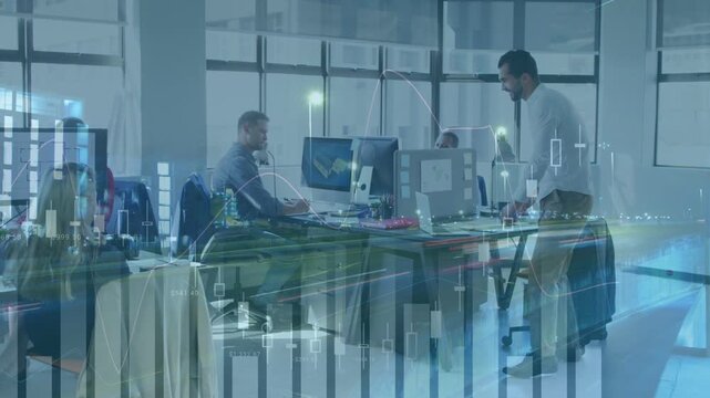 Lead approaching desk, placing items then gesturing while dim finance charts animating guiding dev
