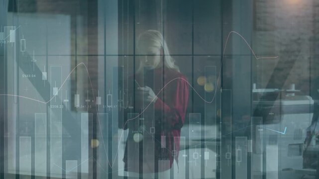 Woman standing behind glass in office, tapping smartphone and updating financial candlestick charts