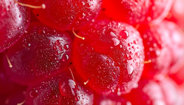Macro pattern of fresh red raspberries with water droplets for organic food background