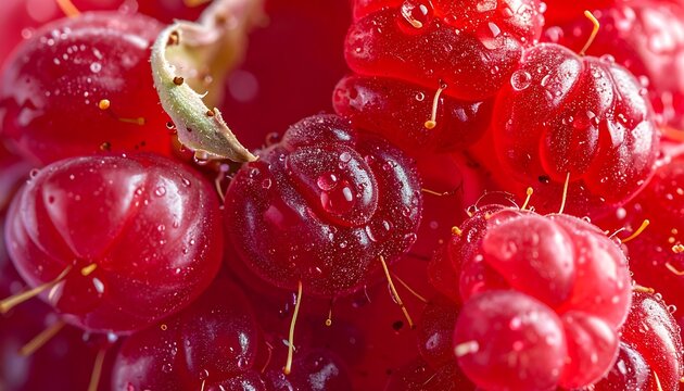 Macro pattern of fresh red raspberries with water droplets for organic food background