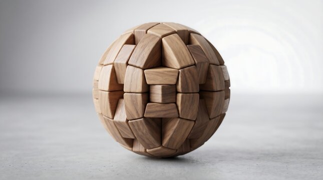 A wooden puzzle ball made of interlocking pieces on a gray surface