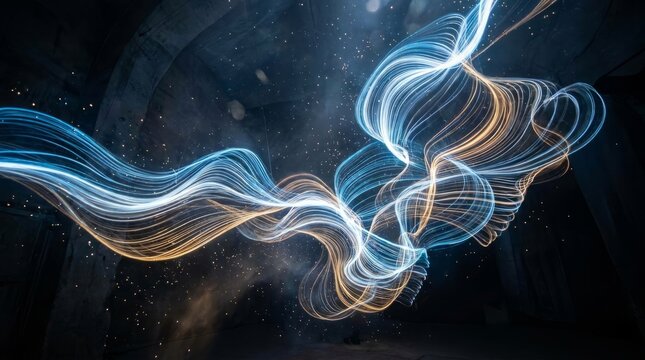 Abstract Light Trails in Blue and Gold Swirling Patterns on Dark Background