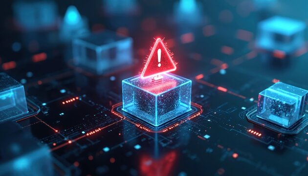 Digital network node has critical error warning. Cyber threat alert shows glitch effect on data blocks. System failure risk, security breach imminent.