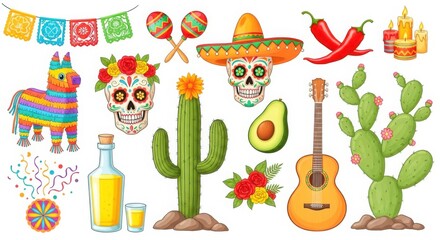 Fototapeta premium Colorful mexican fiesta elements including piñata and guitar