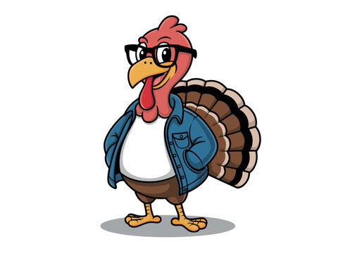 A cartoon turkey wearing glasses and a denim jacket stands confidently on a plain background