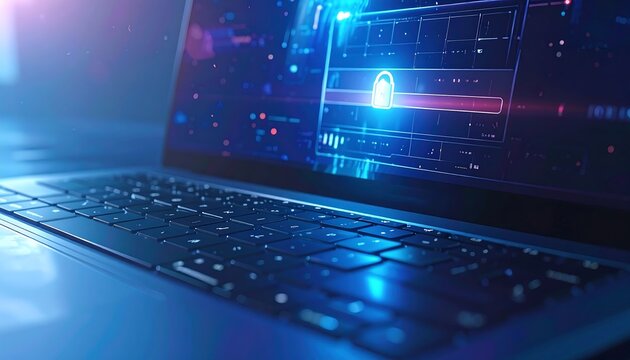 Laptop with digital lock icon on screen representing cybersecurity, data protection, and secure system access. Ideal for IT, business, and online safety concepts