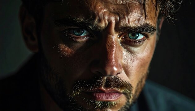 Intense gaze. Focused man with striking blue eyes. Dark background. Dramatic lighting and depth