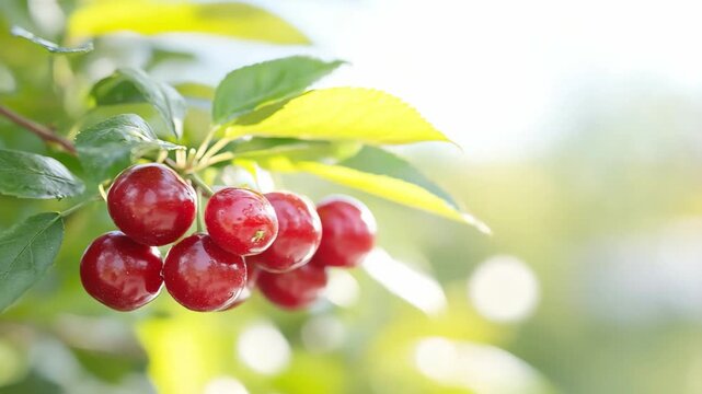 Juicy Cherries in Sunlight: A close-up shot of a cluster of ripe, glistening cherries hanging from a leafy branch, bathed in soft sunlight, showcasing nature's sweetness.