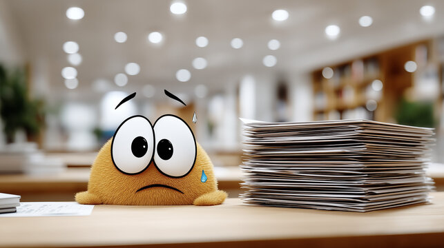 Overwhelmed Office Character: A cartoon character with a worried expression gazes at a daunting stack of paperwork on a desk within a bright office, embodying the weight of responsibility.
