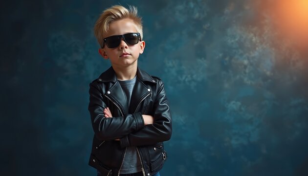 Blond boy wears leather jacket, sunglasses. Stands with arms crossed against textured dark blue backdrop. Serious expression, hints of sunflare. Represents youth coolness and attitude.