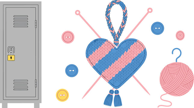 Crochet Heart with Pink and Blue Stripes, Yarn Ball, Buttons, Hooks, and Locker for Craft, DIY, and Hobby-Themed Illustrations