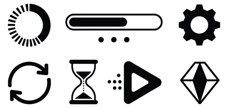 Artwork loading progress bar and status icon set featuring circular buffer bar, hourglass, refresh, gear, and play symbols for web interfaces, design, app development, and digital loading indicator