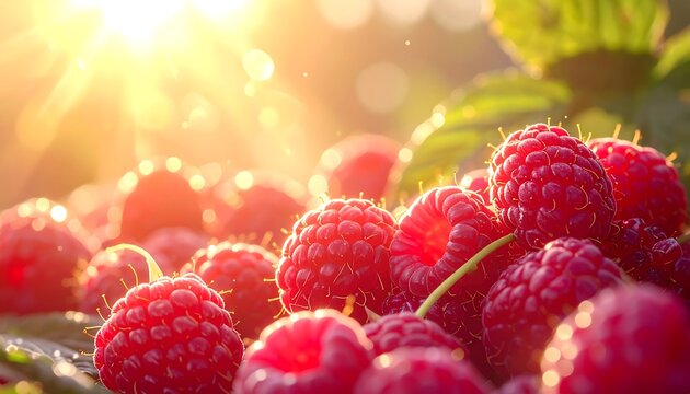Fresh ripe raspberries in a field at sunset with warm golden hour sunlight and bokeh background
