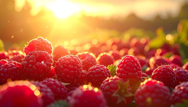 Fresh ripe raspberries in a field at sunset with warm golden hour sunlight and bokeh background