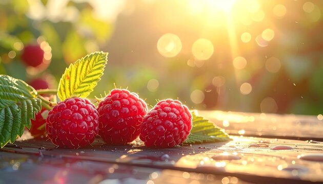 Fresh ripe raspberries in a field at sunset with warm golden hour sunlight and bokeh background