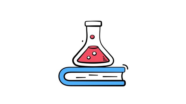 Laboratory beaker on book denoting concept animated icon of chemistry experiment