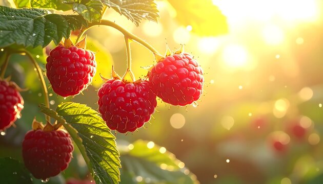 Fresh ripe raspberries in a field at sunset with warm golden hour sunlight and bokeh background