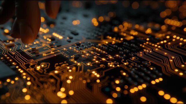 Exploring Golden Traces on a Dark Circuit Board With Hands Working on Connections and Components in Clear Detail