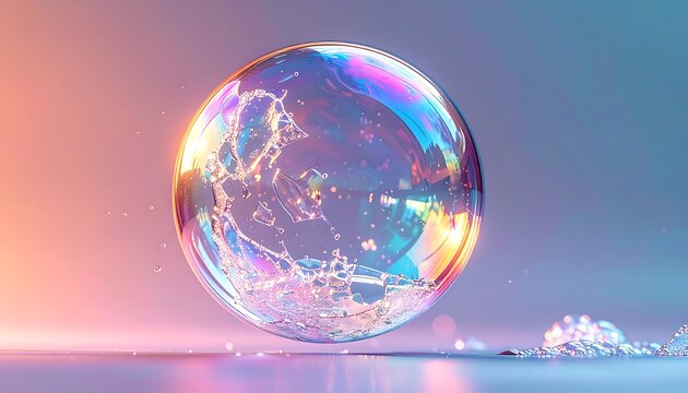 Floating soap bubble with water splash inside showing iridescent rainbow colors on white clean background
