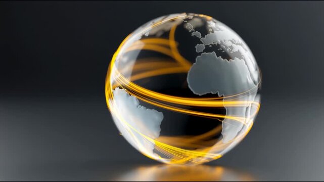 Transparent glass globe with golden light trails global network concept