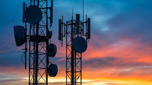 Telecommunication towers with antennas against colorful sunset sky representing network connectivity technology