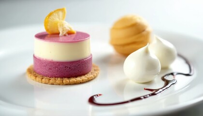 Naklejka premium Layered berry mousse dessert with cream topping and fruit slice served on white plate. Elegant plated food includes sorbet and meringue dollops artfully arranged.