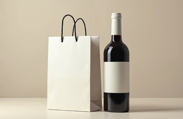 Fototapeta premium Elegant red wine bottle with blank label next to white paper shopping bag with black handles. Ideal for mockups wine shops or gifting scenarios.
