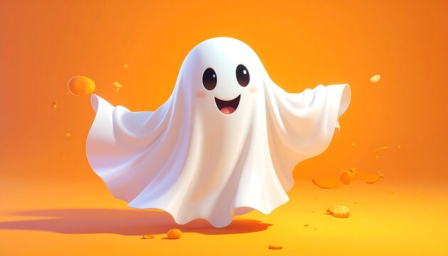 A cheerful ghost with a white sheet and black eyes on orange