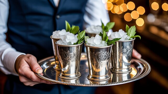 Waiter serving silver cups with mint leaves luxury hospitality concept photo 