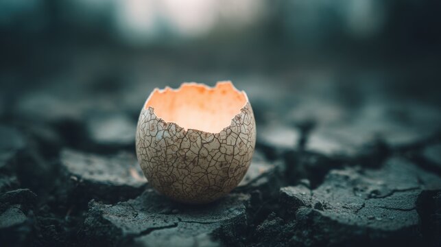 Macro view of a single cracked eggshell with intricate patterns on a textured, dry surface